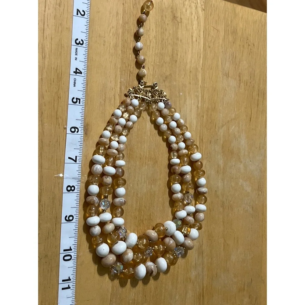 Chunky Multi Strand Beaded Necklace Gold Tone Rhinestone‎ Accent Statement Event